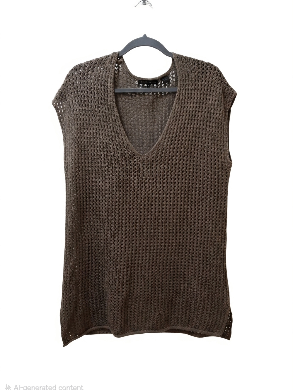 JEANNE PIERRE Brown Open-Weave V-Neck Sleeveless Top